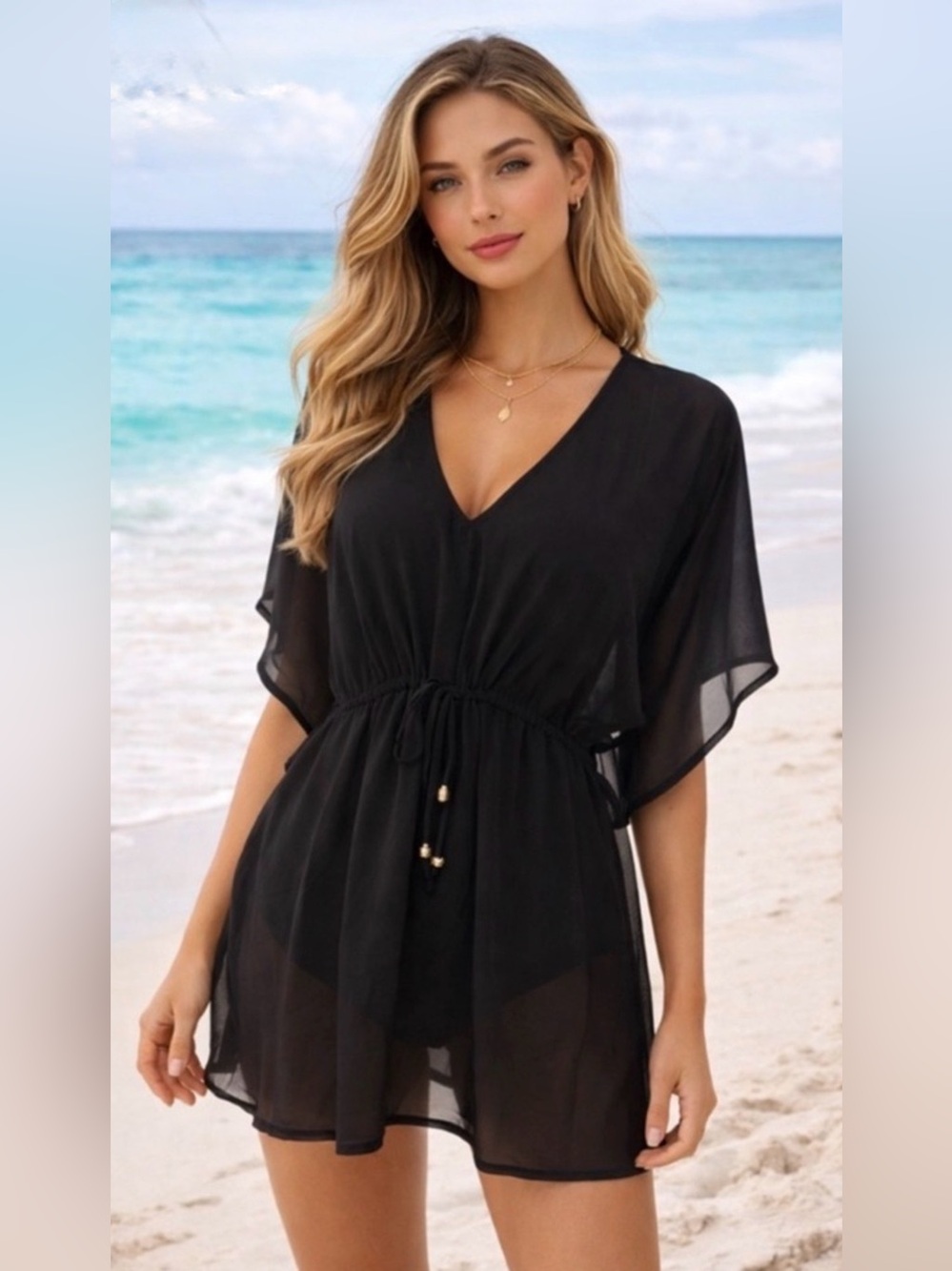 Merona Black Sheer V-Neck Sheer Swim Coverup Tunic with gold tassels
